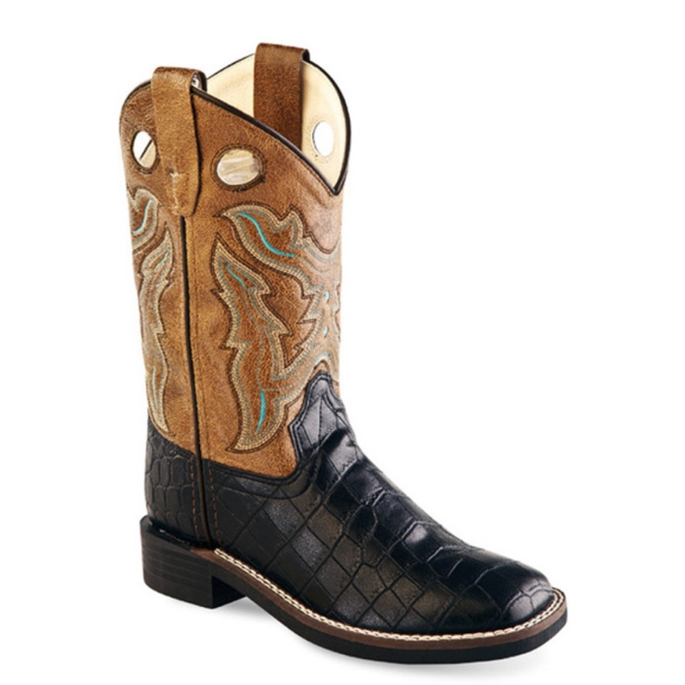 Old West Jama Kids Cowboy Western Boots Black Croc Tan Sz 11 Youth